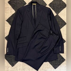 PHINEAS COLE NAVY BLUE DARK WOOL SUIT PEAK LAPEL 52/ 42 Long 36 Pants $3000